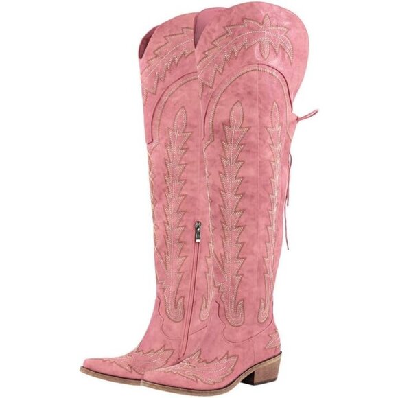 Women Pink Polyurethane Over the Knee Adjustable Thigh High Cowgirl Boot - Picture 2 of 4